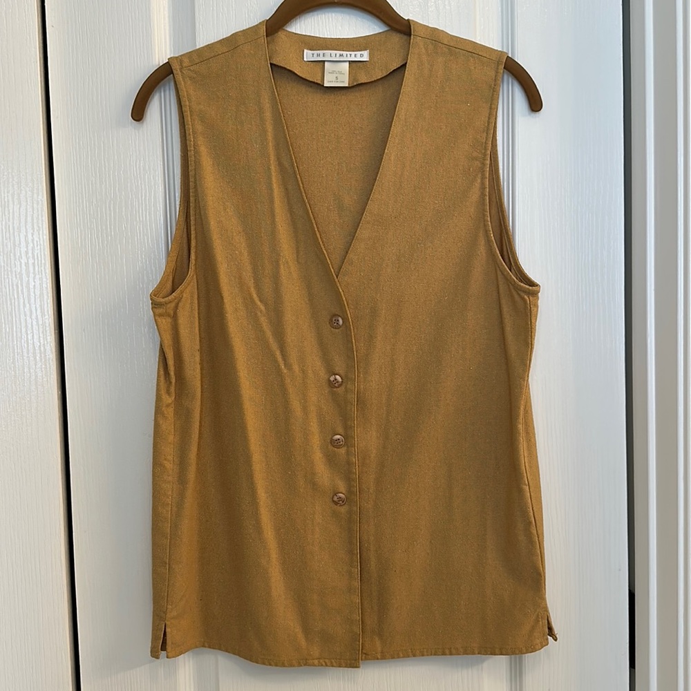 The Limited Golden Tan Raw Silk Vest 4 Button Front Side Slits V-Neck Small